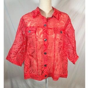 Choices Women's Red Sheer Short‎ Sleeve Camp Button Blouse y2k 2XL